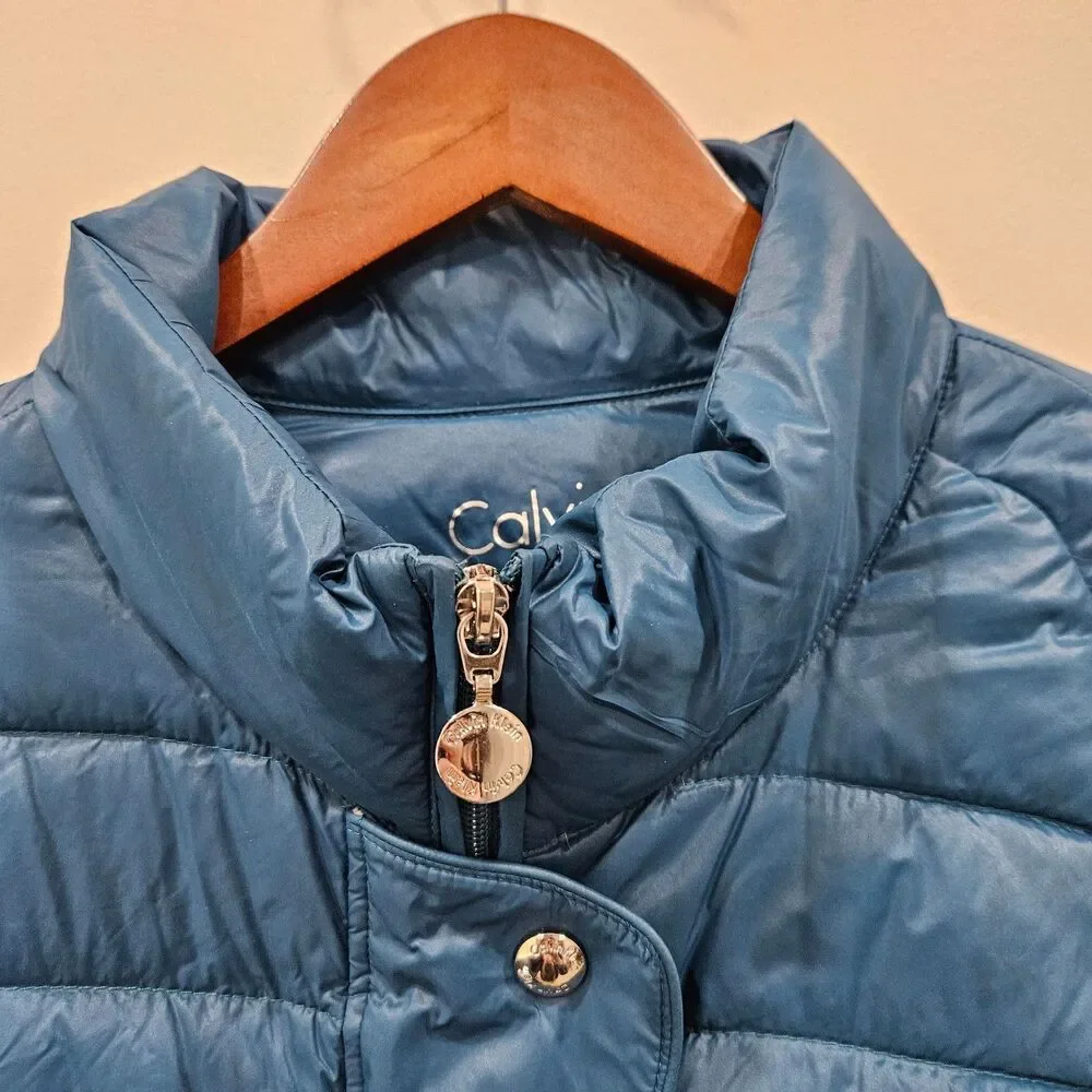 Calvin Klein Womens Packable Premium Down Puffer Jacket L Teal Blue Lightweight